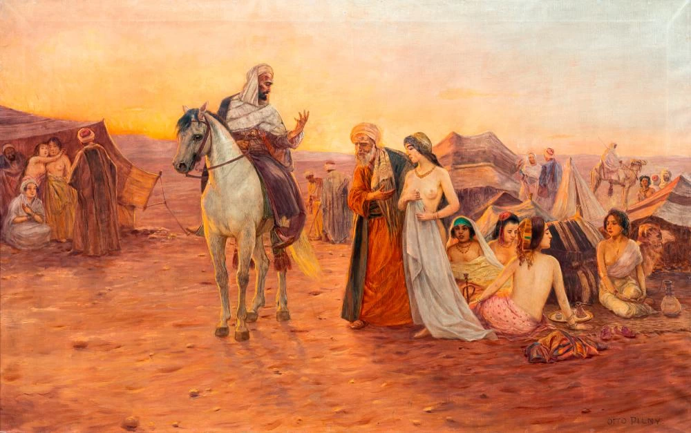 Vendita di schiavi nel deserto al tramonto